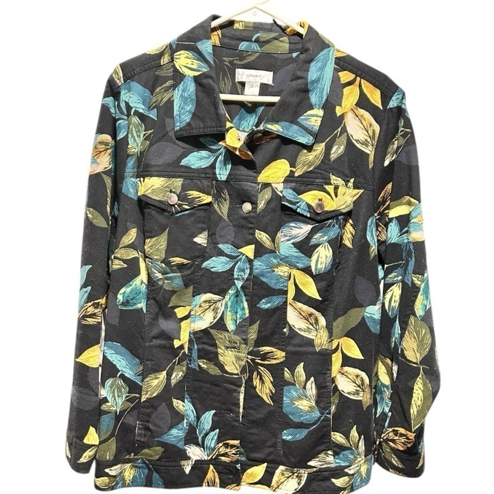 CJ Banks Black Jacket Multicolor Leaves Plus Size 2X Cotton Spandex VGC
